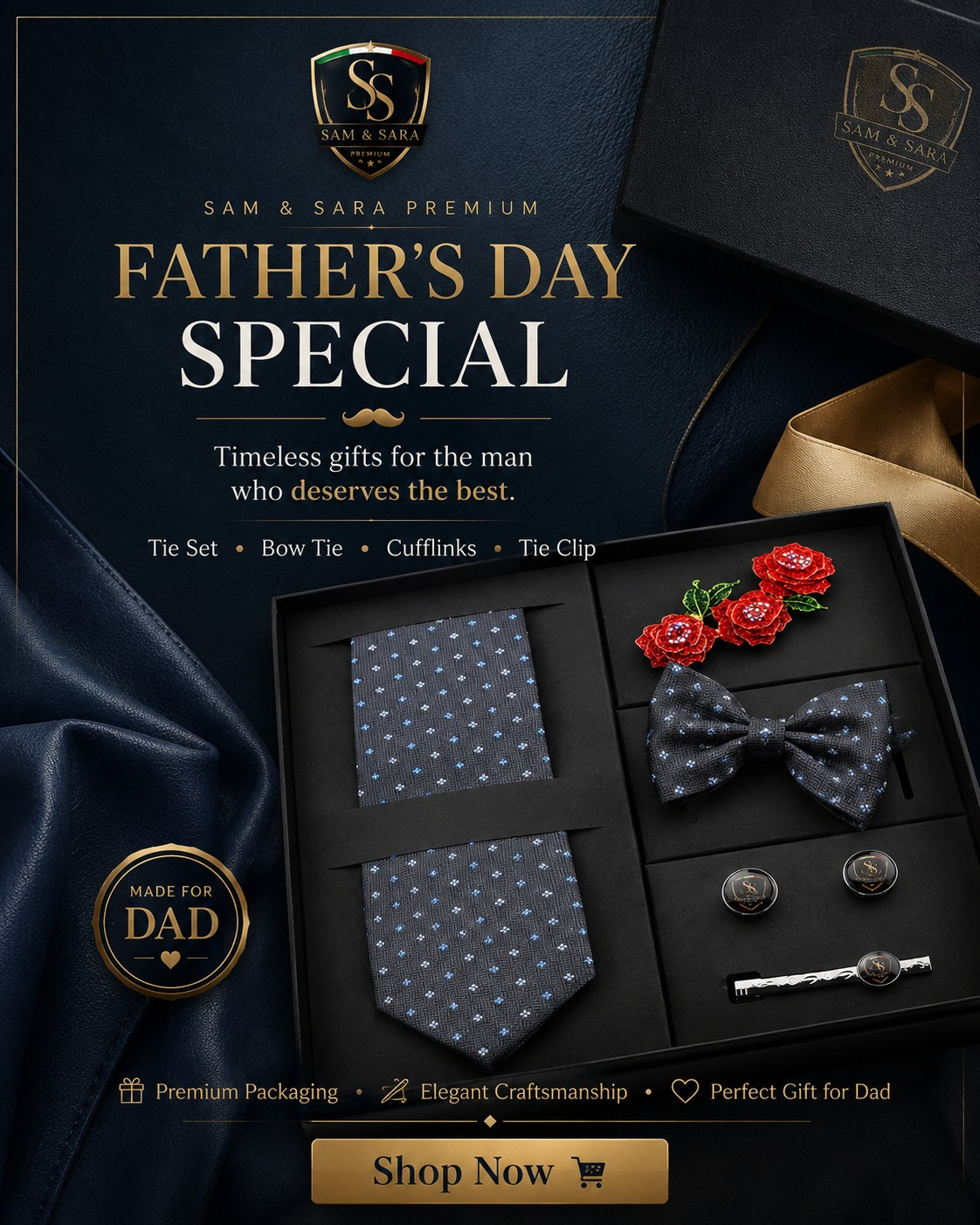Sam & Sara Premium Father's Day gift set — tie, bow tie, cufflinks, and tie clip