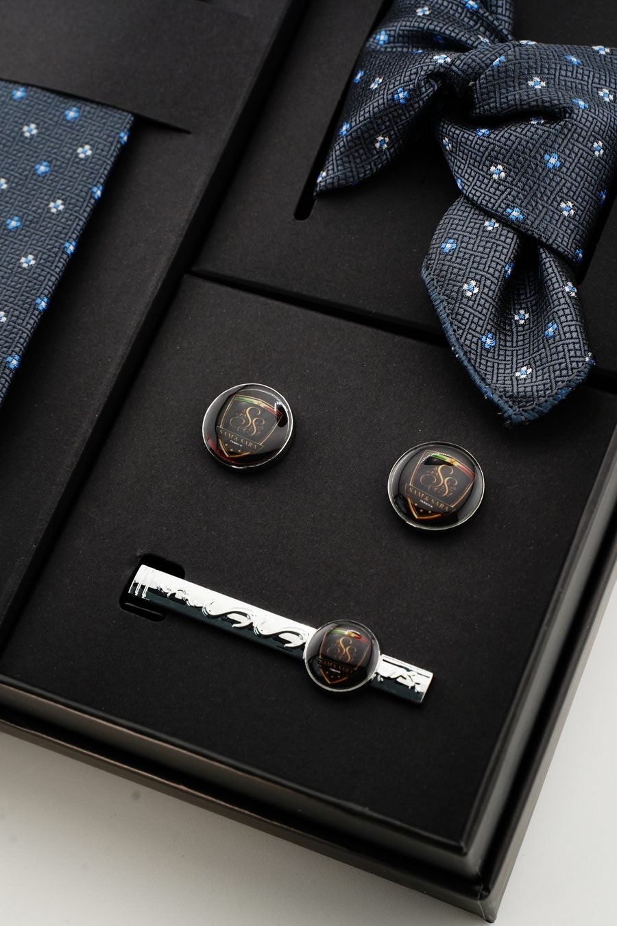 Sam & Sara Gold Edition Neckwear Set — tie, bowtie, cufflinks and tie clip flat lay